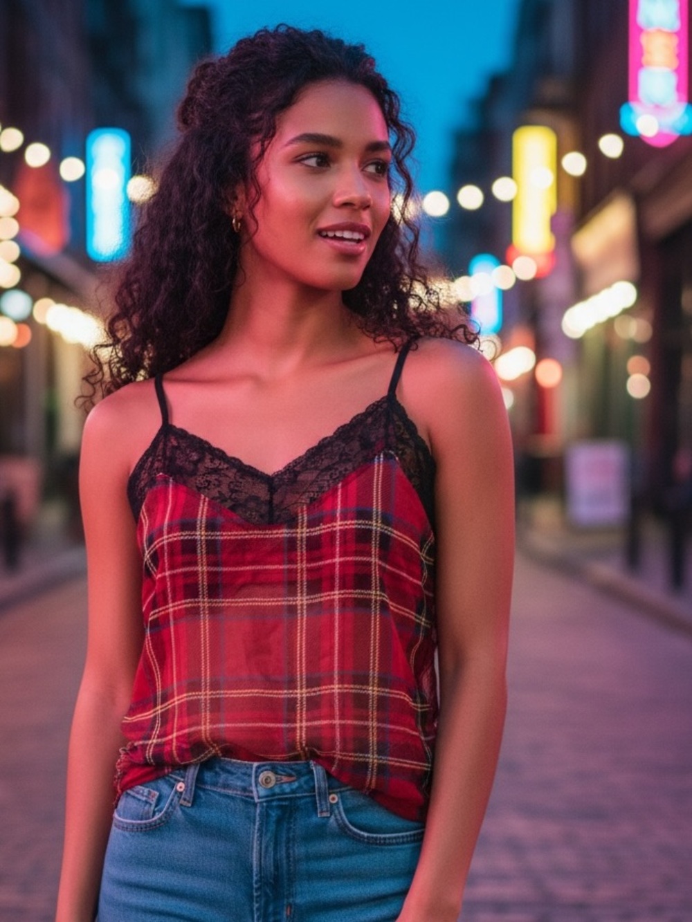 LF NAANAA Plaid Cami with Lace Detail and Adjustable Spaghetti Straps